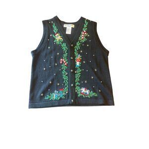 Victoria Jones Petite Holiday Sweater Vest Embroidered Black PL Vintage 80s